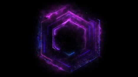 bucle sin costuras. animación de un portal redondo hexagonal púrpura formado por partículas y rastros de energía aislados en fondo negro con alpha luma matte vfx cg 4k. puerta espacial. ciencia ficción. futurista.