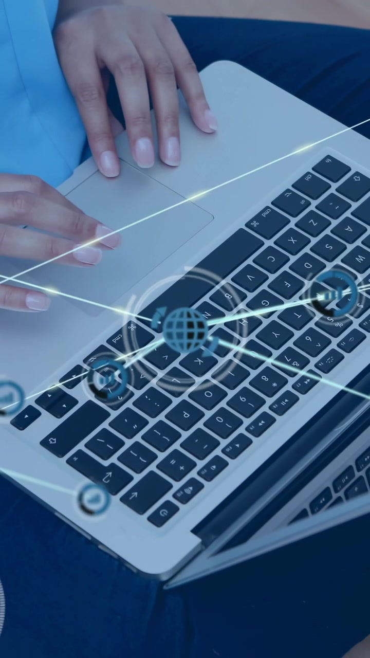 Video verticale: Donna che inizia a digitare su un laptop con linee di nodi animate sopra i tasti per lavoro tecnologico.