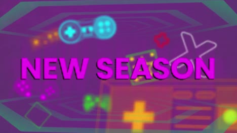 Animation-Des-Textes-Der-Neuen-Saison-über-Spielsymbolen-Auf-Violettem-Hintergrund