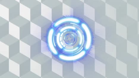 Animation-of-glowing-white-and-blue-circular-scope-rotating,-on-grey-block-pattern