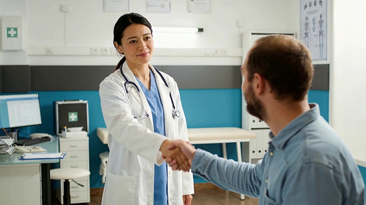 Medico sorridente in camice bianco che porge la mano, stringendo la mano del paziente in clinica, avviando la consultazione.
