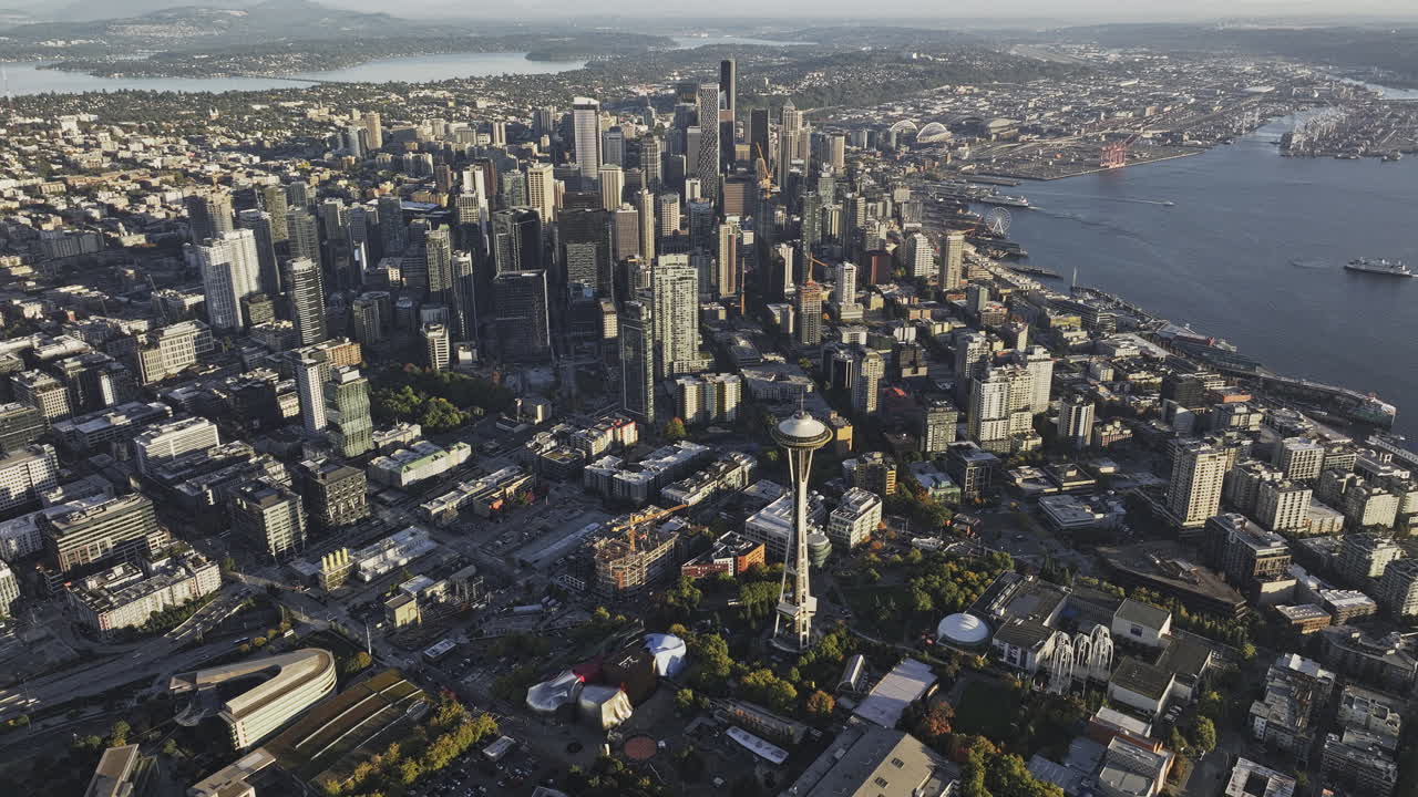 Seattle Washington Aerial v171 high altitude birds eye view flyover Queen Anne capturing downtown cityscape, views of inner-city neighborhoods, lake and bay - Shot with Mavic 3 Pro Cine - Oct 6th 2023
