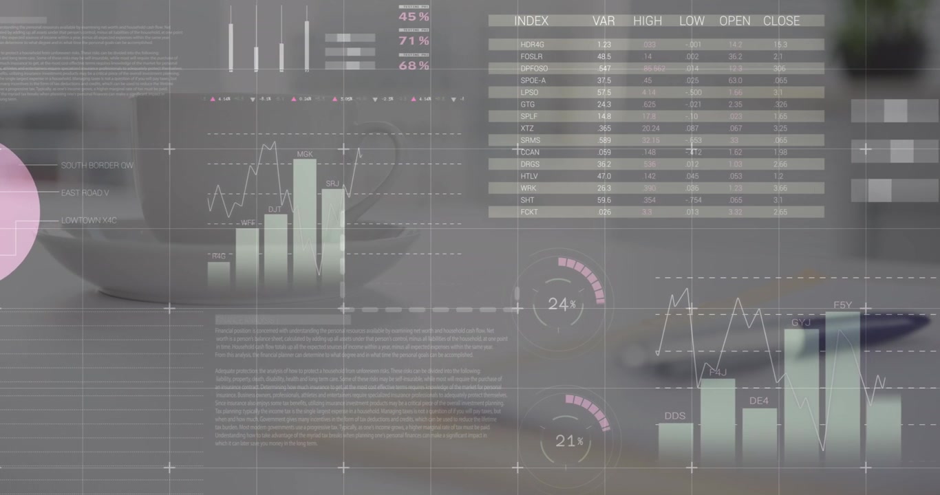 Animation af infografisk interface over pen, notesblok og kaffekop på skrivebord.