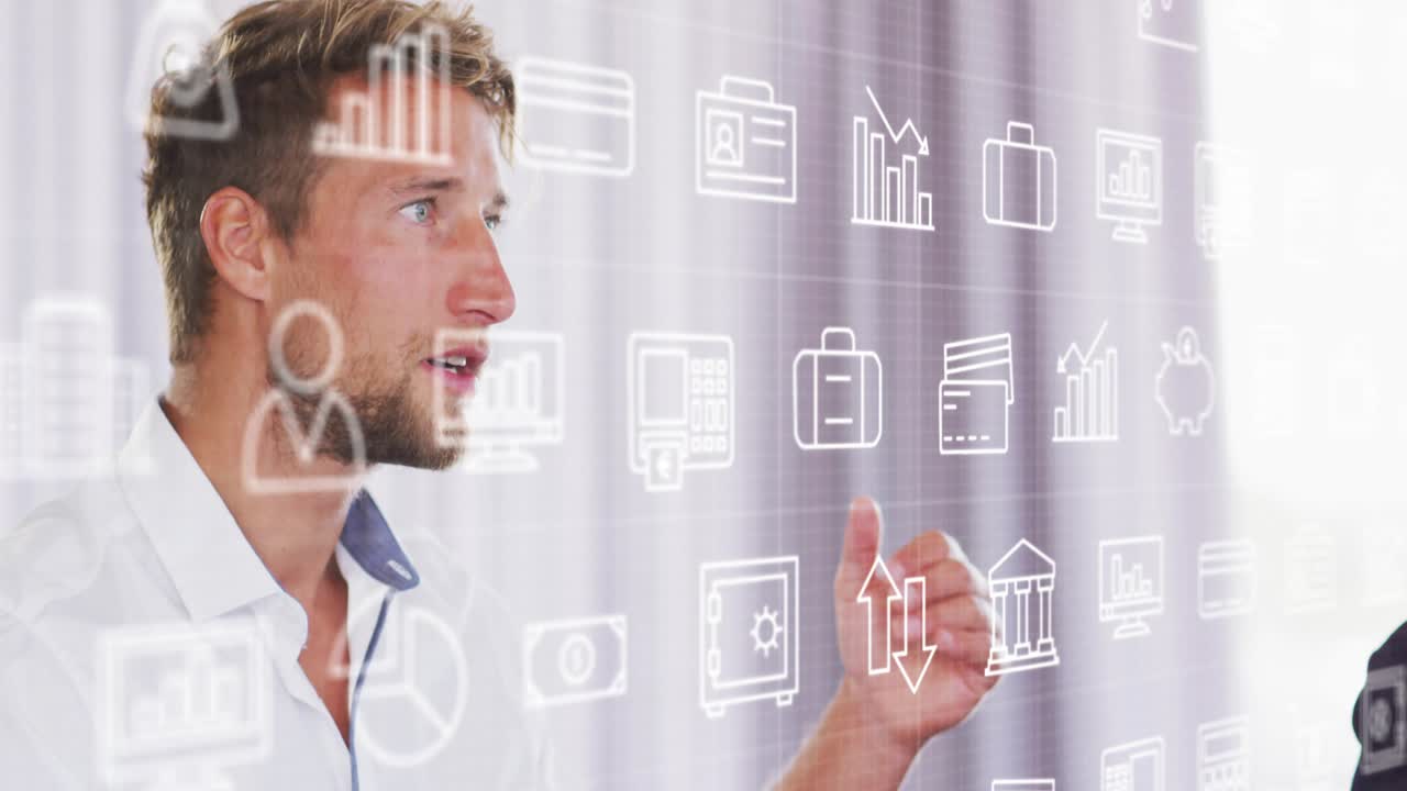 Male collaborator using stylus then gesturing on transparent interface navigating financial icons