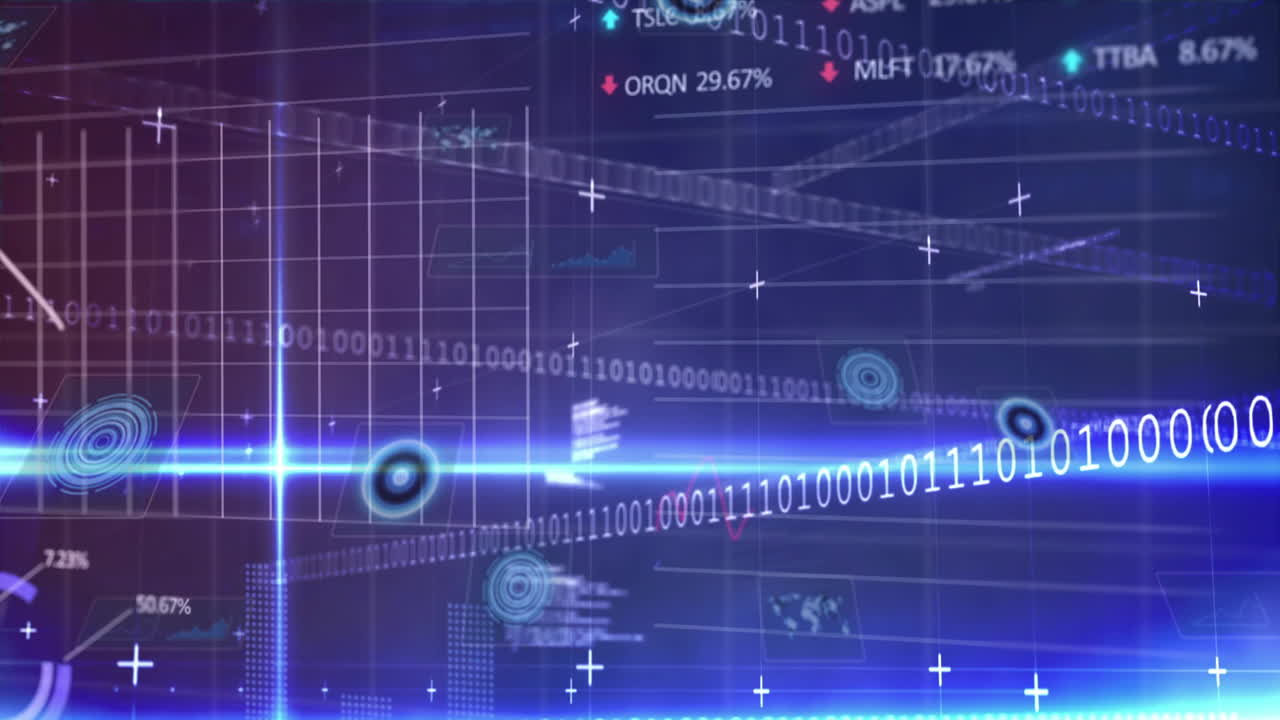Glowing neon-blue cross forming central HUD, streaming binary code, displaying charts, radar icons