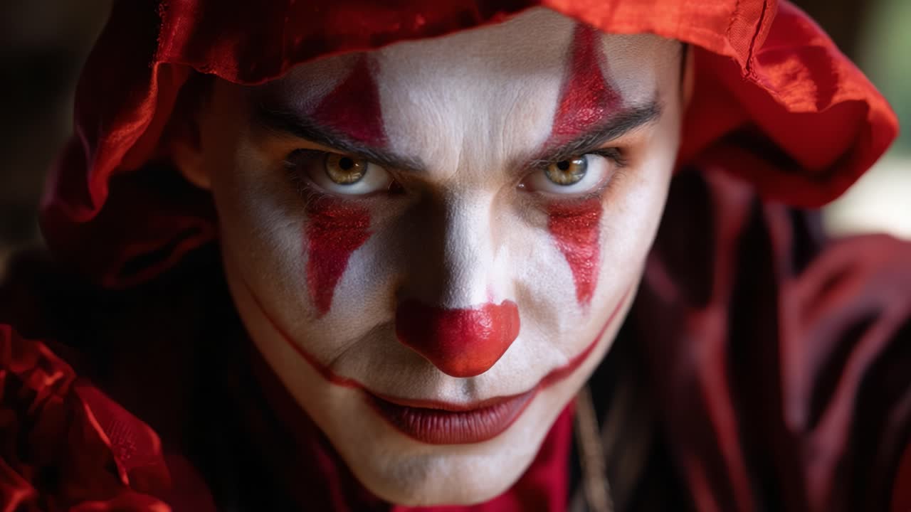 A striking transformation of a clown character showcasing intense facial expressions with vivid makeup and a mischievous gaze that captures the viewer's attention