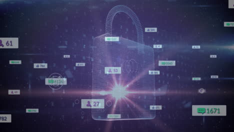 animation of social media icons on banners over digital online security padlock