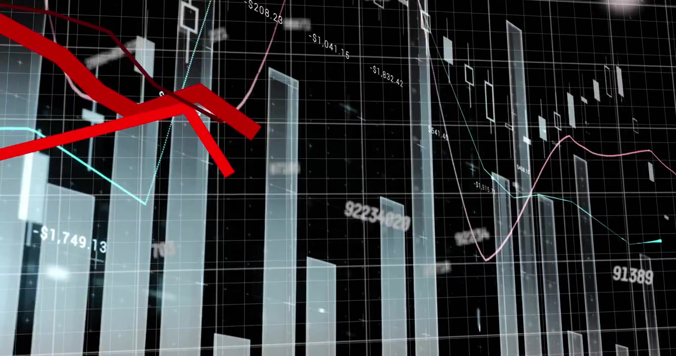 Animation of financial data processing on black background