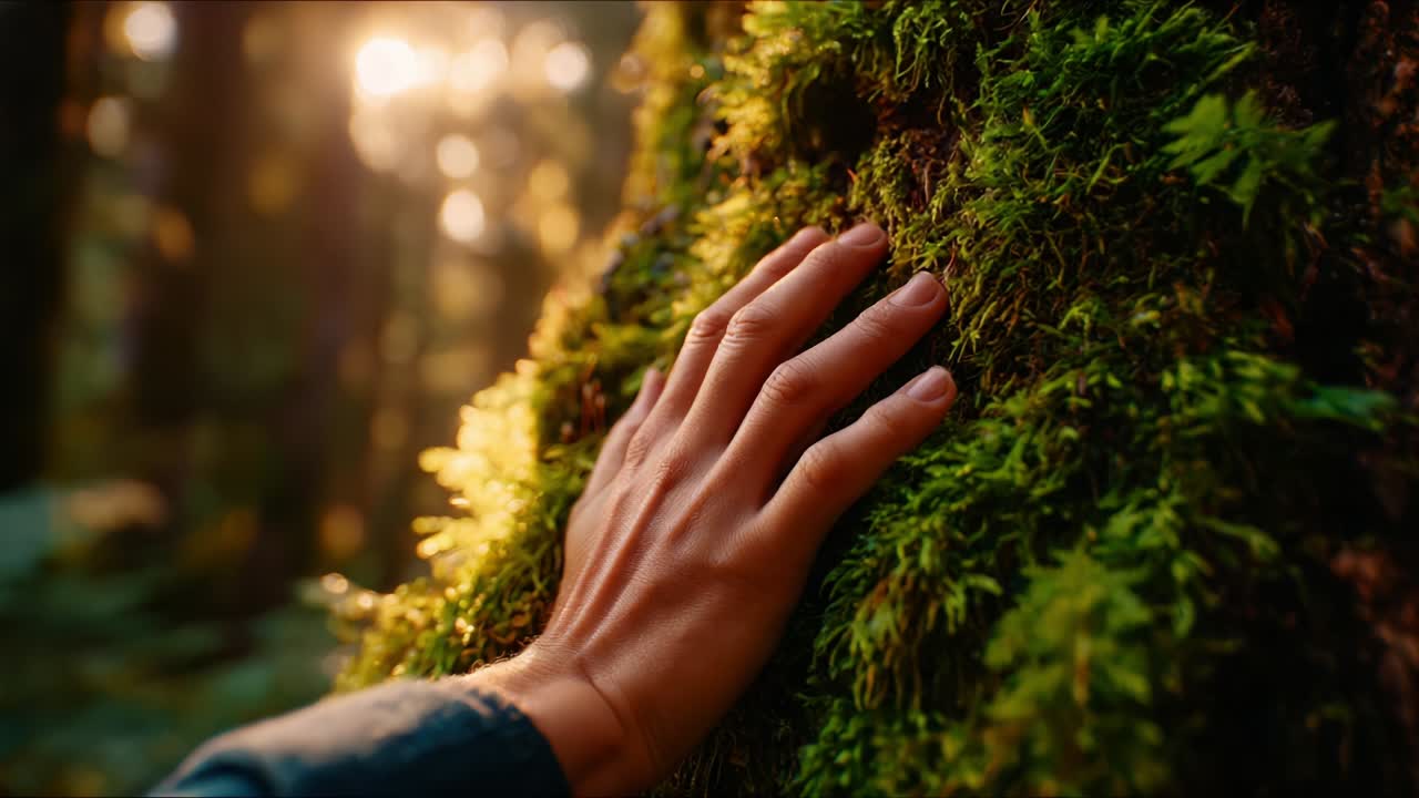 An intimate connection with nature is beautifully captured in this serene footage, showcasing a hand gently touching the vibrant green moss on a tree in a sunlit forest, evoking feelings of tranquility and harmony