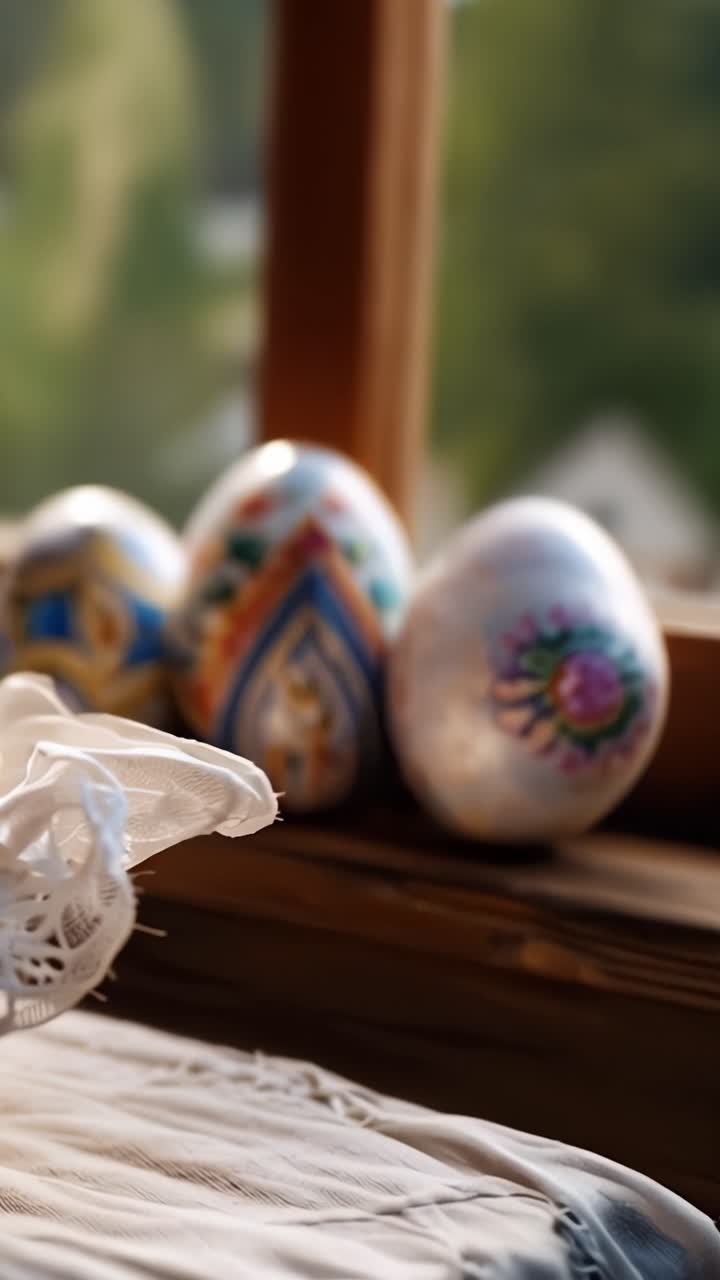 A Beautiful Arrangement of Colorful Decorative Eggs Next to Freshly Baked Pastry Buns on a Wooden Table, Showcasing a Cozy and Festive Atmosphere