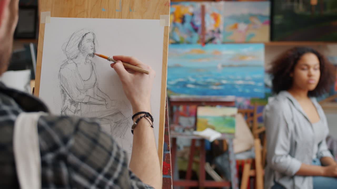Artist Drawing a Portrait in an Art Studio