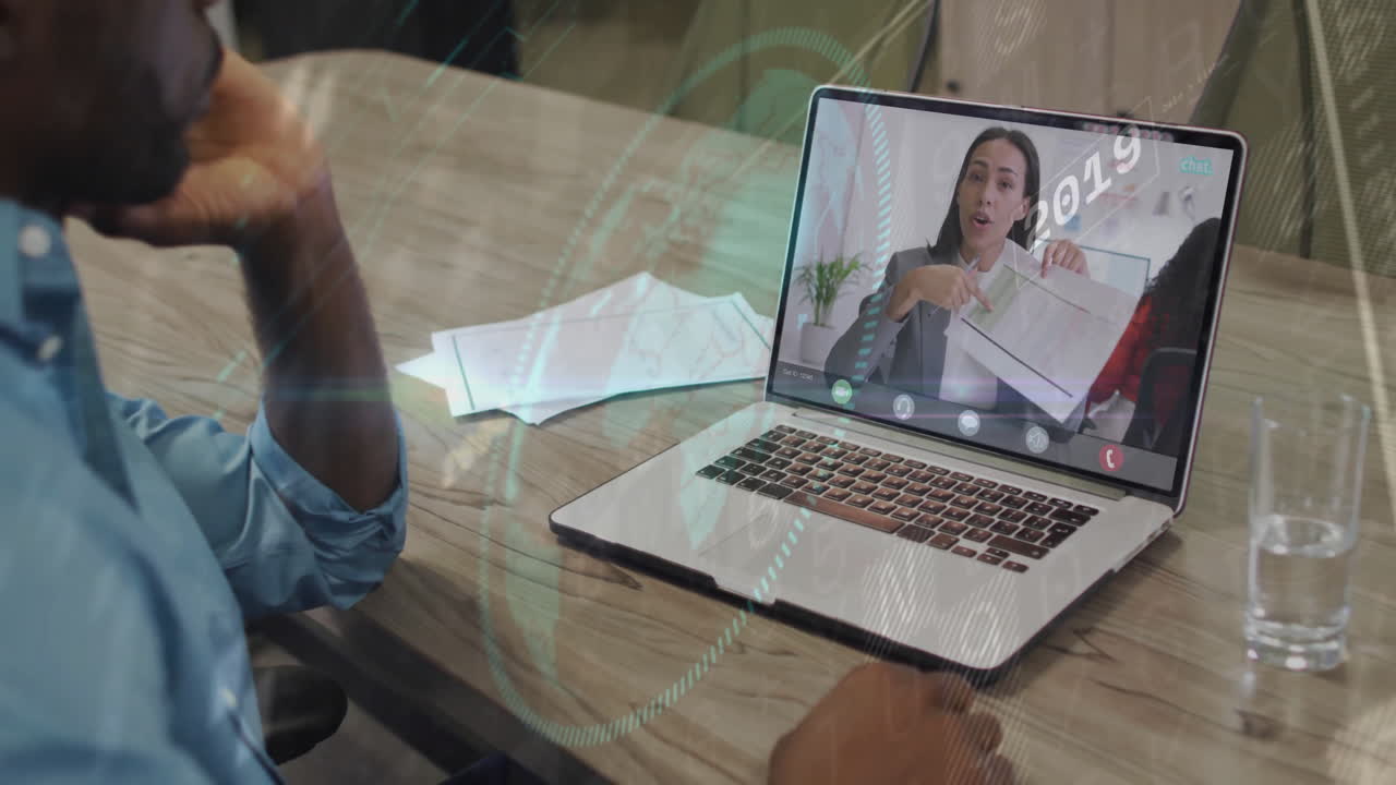 Businesswoman presenting documents in virtual meeting with digital interface animation