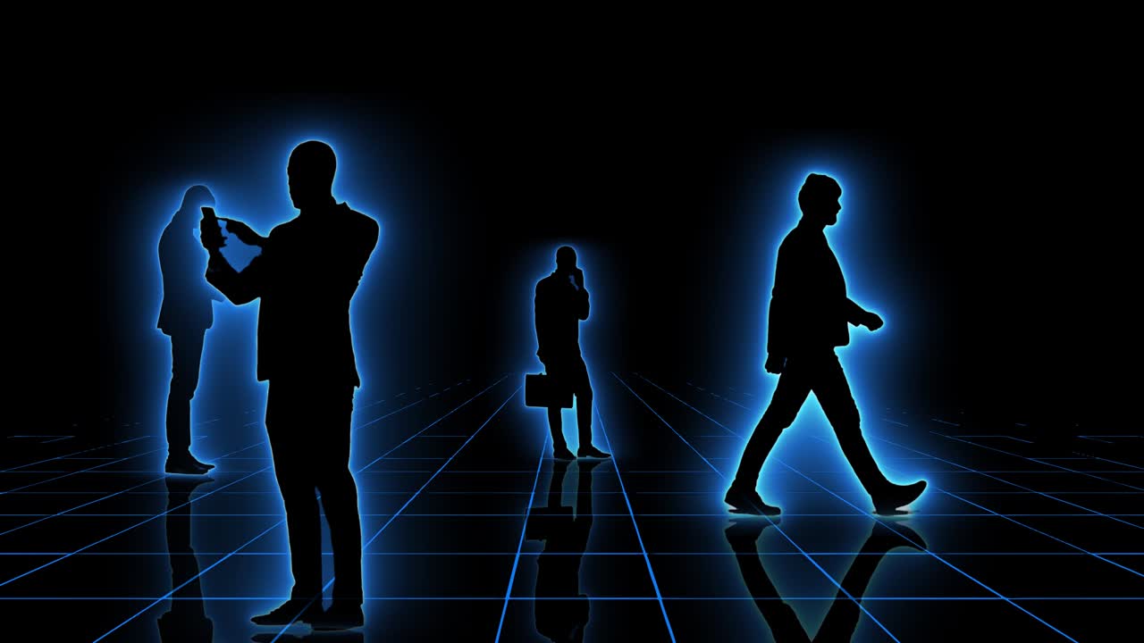 네온 그리드의 컴퓨터 생성 애니메이션으로 비즈니스 사람들의 실루이 카메라를 향해 움직입니다.