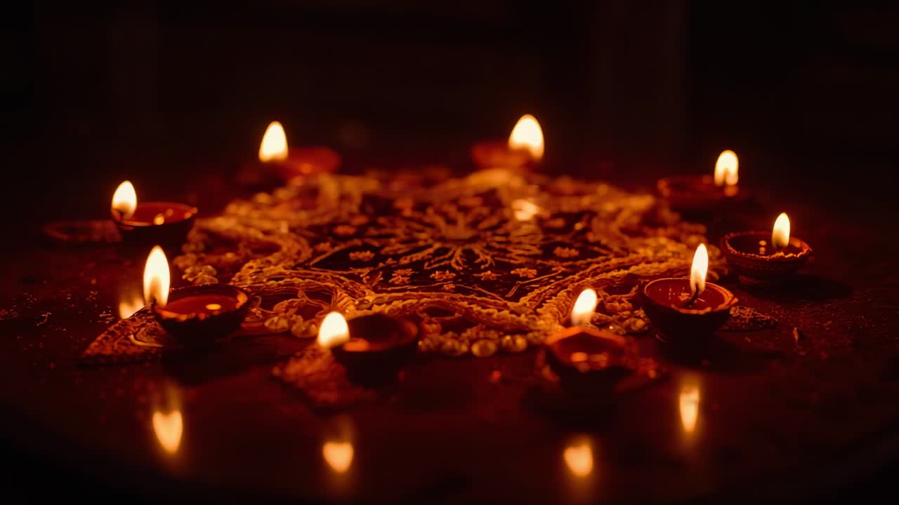 Recording camera panning across rangoli in dark room, showing flickering clay diyas glow