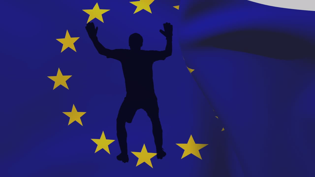 Animazione di silhouette di giocatori di calcio su bandiera dell'UE