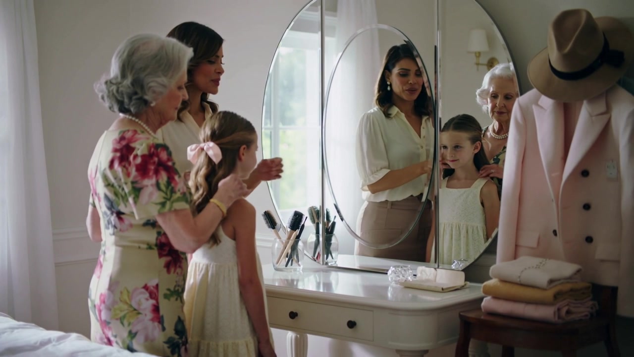 Placing hand on child, grandma and women fixing hair, dress at mirror in bedroom, preparing party