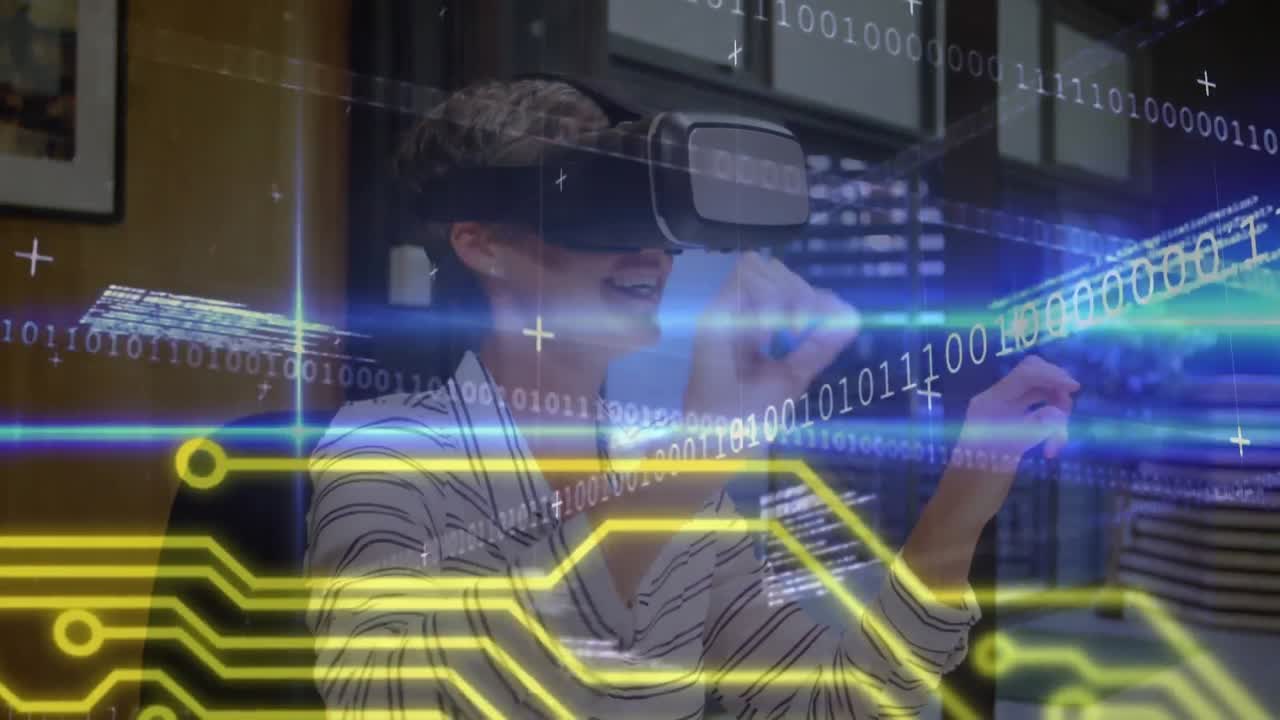 Animation of data processing over caucasian businesswoman using vr headset