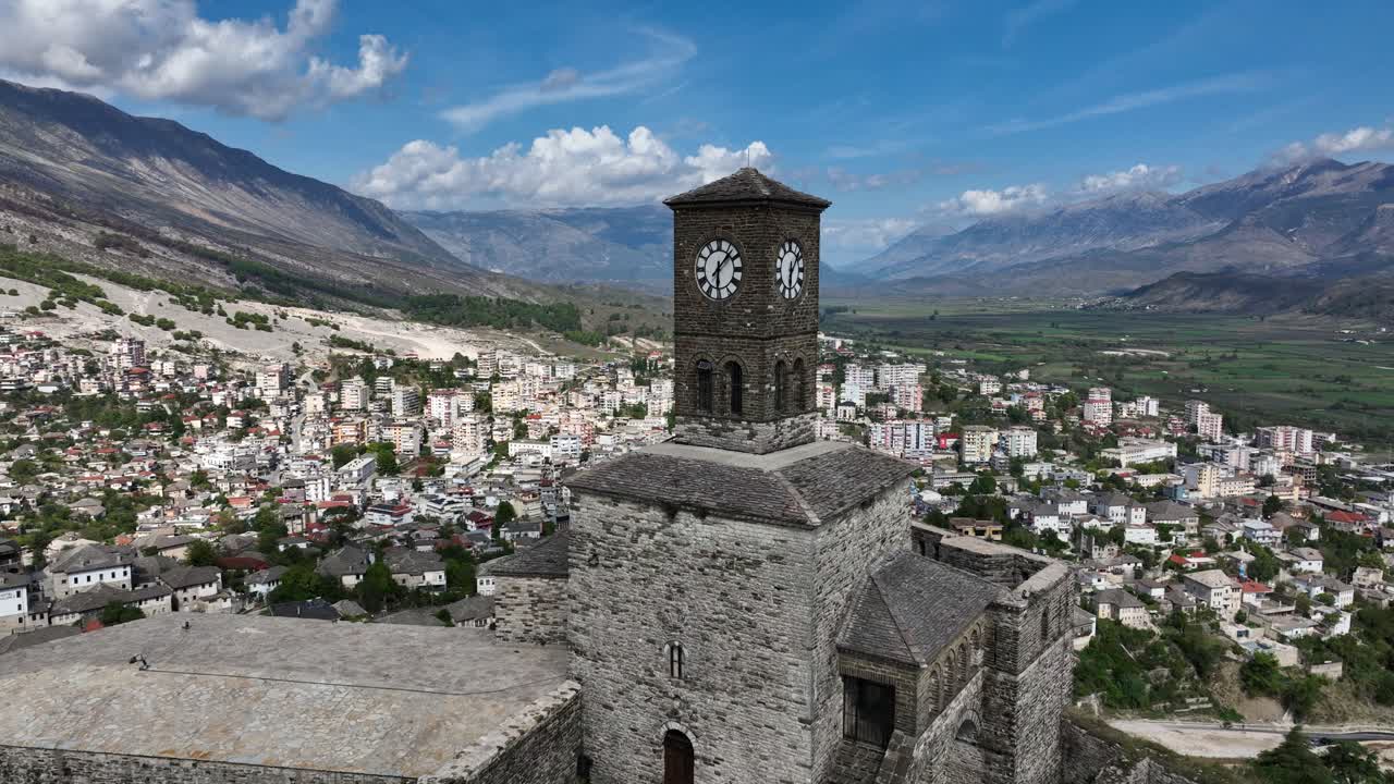 Clock Tower At Castle Of Gjirokaster. Unesco World Heritage Site Albania. Aerial Close-up Shot