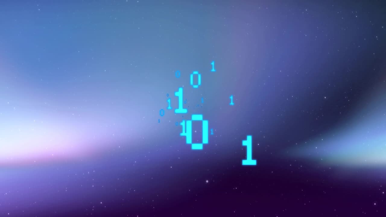 Opening on blurred horizon, cyan binary cluster shifting, rotating, pulsing, visualizing data flow