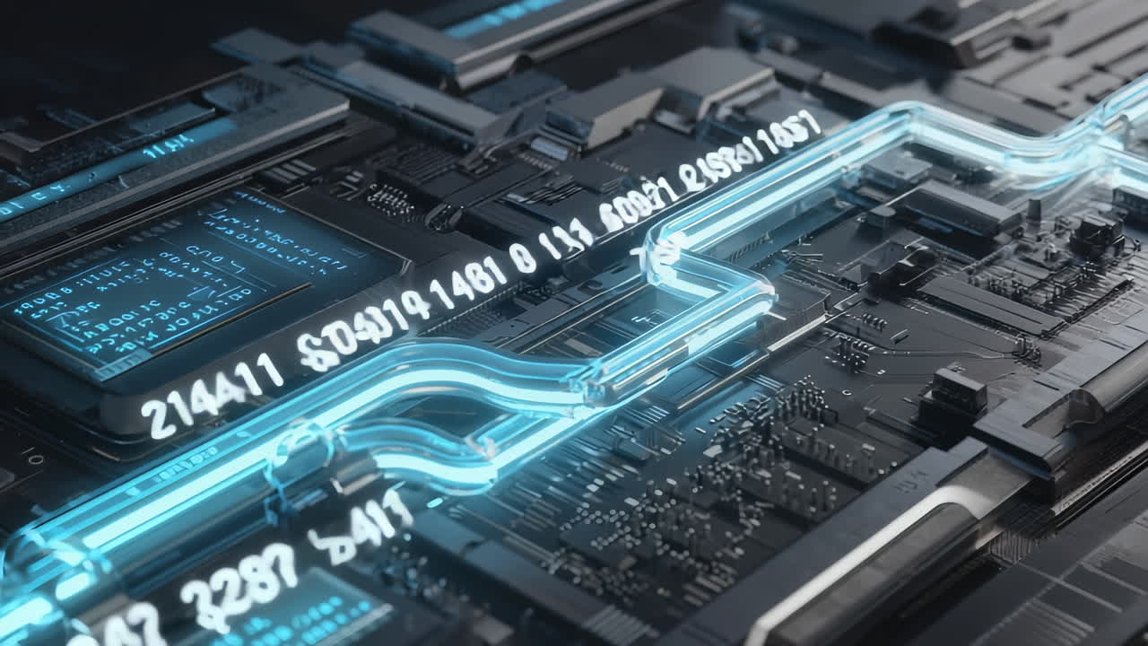 Close-up of a futuristic circuit board with glowing blue data streams and flickering codes. Parallax loop animation, clean and photorealistic look