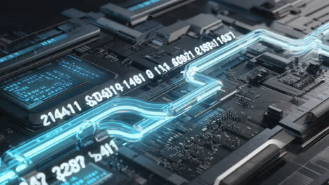 close-up of a futuristic circuit board with glowing blue data streams and flickering codes. parallax loop animation, clean and photorealistic look