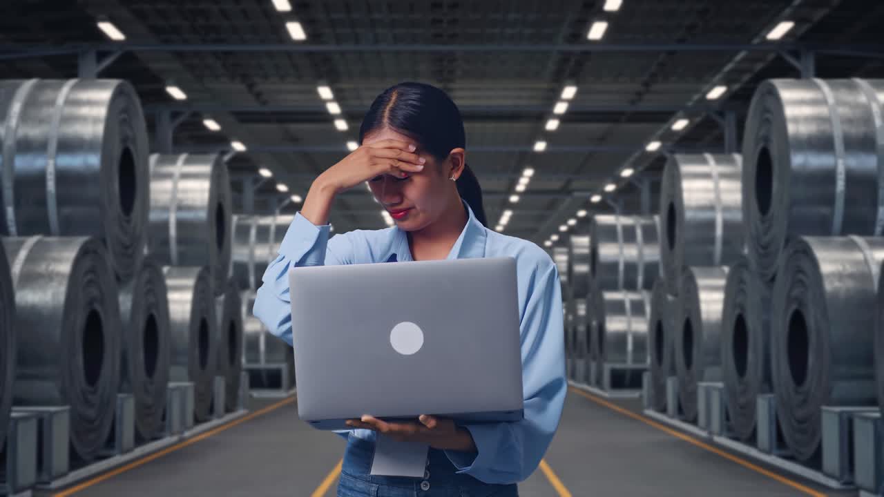 Asian Female With Her Laptop with Stacks of Huge Metal Steel Coils in Warehouse, She Is Nodding Her Shead With Dissapionted