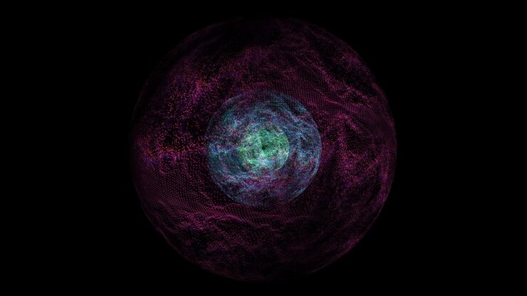 Abstrakti vihreä sitruunan ydin, visualisoinnin aaltoteknologia, digitaalinen violetti pallopinta ja sisällä syntyvä sininen voima.
