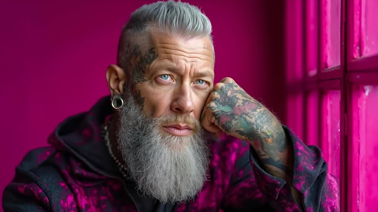 A man with a long white beard and tattoos on his arm