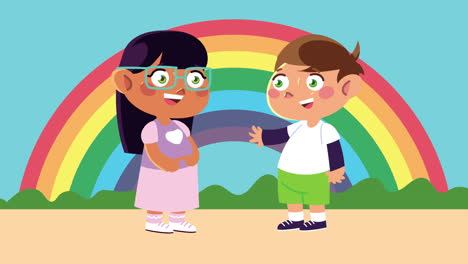 niños hablando bajo un arco iris