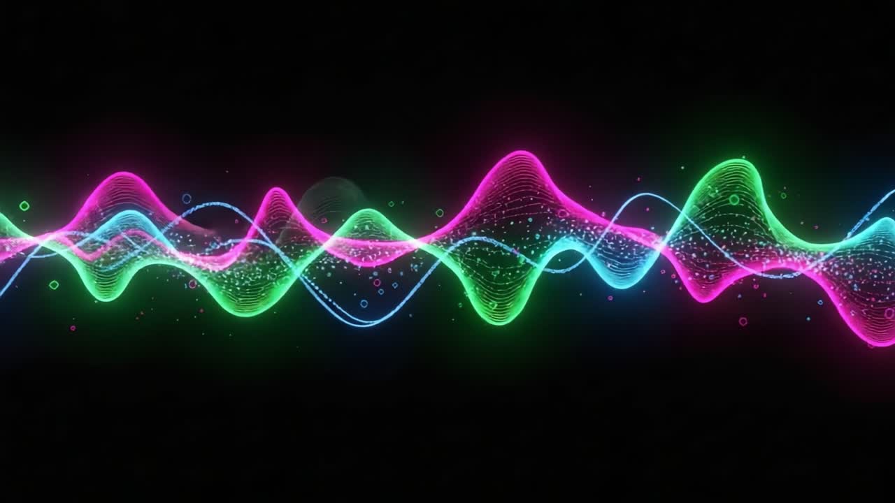 Vibrant Sound Waves: A Spectacular Visualization of Audio Frequencies in Colorful Patterns and Dynamic Motion against a Dark Background