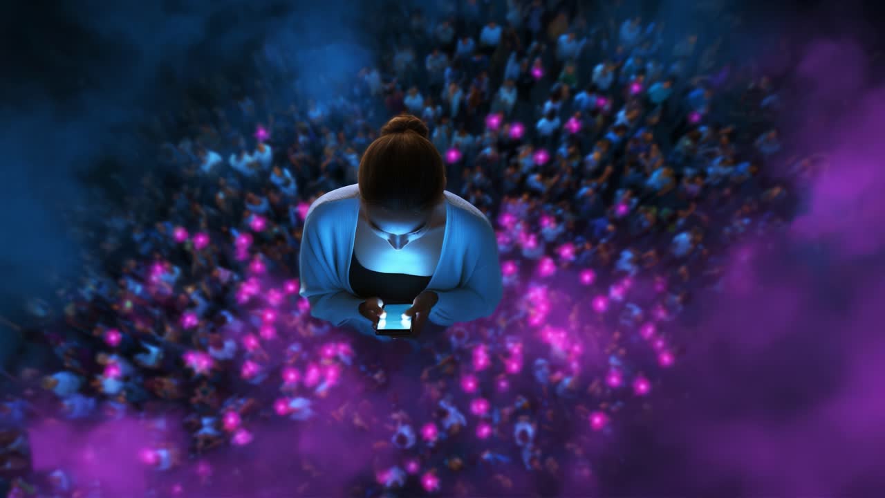 A lone individual stands amidst a vibrant crowd, captivated by their smartphone, surrounded by a mesmerizing blend of swirling mist and colorful lights, reflecting the essence of modern connectivity and social engagement