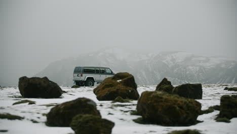 snowy icelandic landscape with off-road van