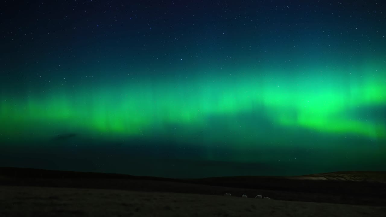 el lapso de tiempo dinámico de la aurora boreal sobre los campos de ovejas en escocia