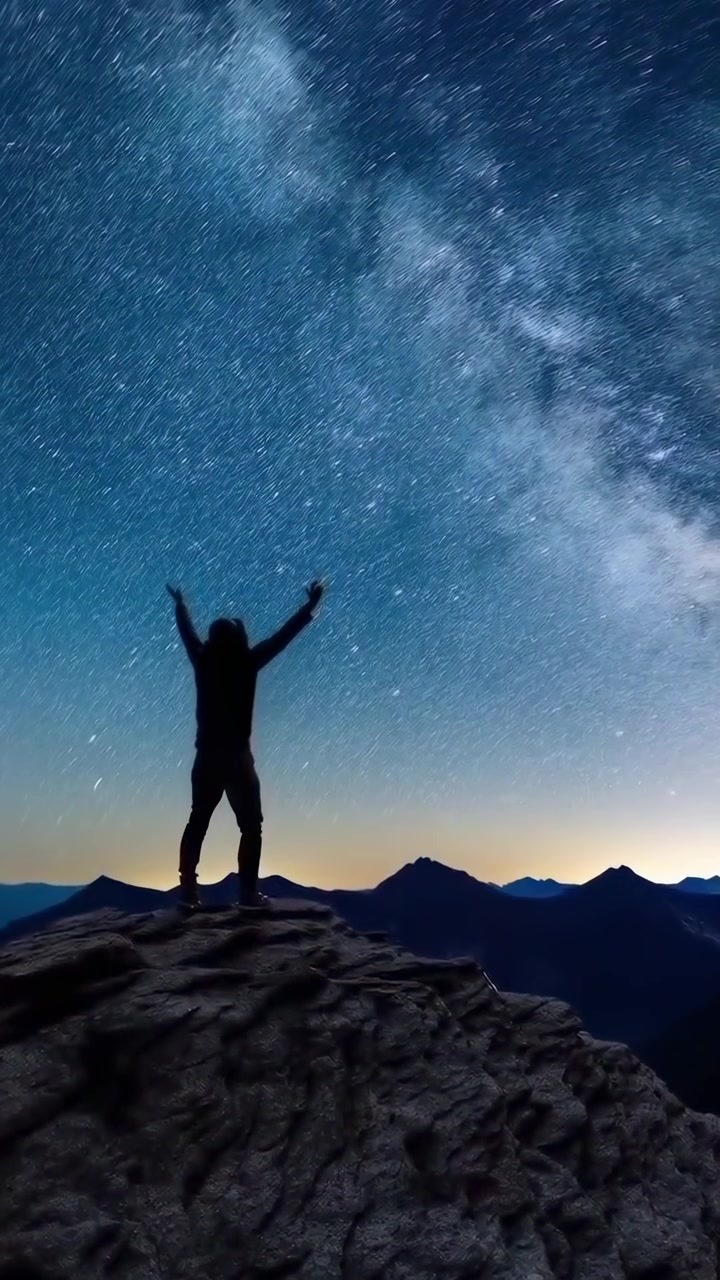 Time-lapse di una persona su una cima di montagna sotto un cielo stellato fino all'alba