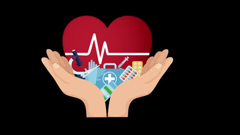 Hands-holding-a-heart-shaped-medical-device-for-monitoring-heart-rate-and-blood-pressure-concept-animation-with-alpha-channel