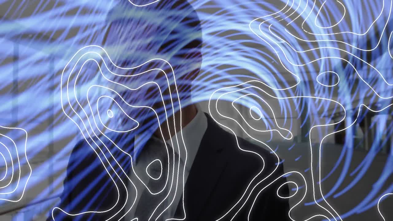 animación de líneas blancas del mapa sobre el hombre de negocios caminando