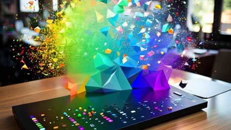 colorful geometric shapes bursting from a digital device on a wooden desk