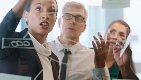 Geschäftsleute,-Die-Haftnotizen-Verwenden,-Brainstorming,-Teamleiterin,-Frau,-Die-Auf-Einem-Glas-Whiteboard-Schreibt-Und-Mit-Kollegen-Arbeitet,-Die-In-Einer-Bürobesprechung-Eine-Problemlösungsstrategie-Zeigen