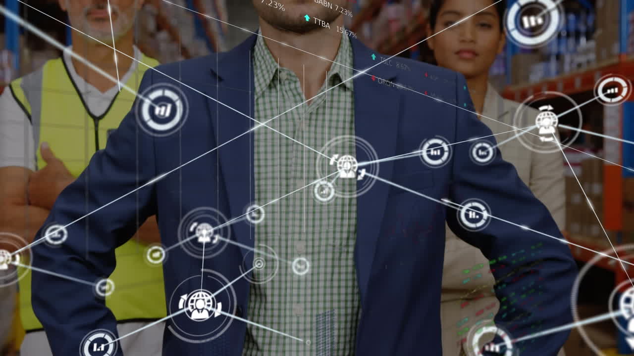 animación de la red de conexiones entre diversos grupos de trabajadores del almacén