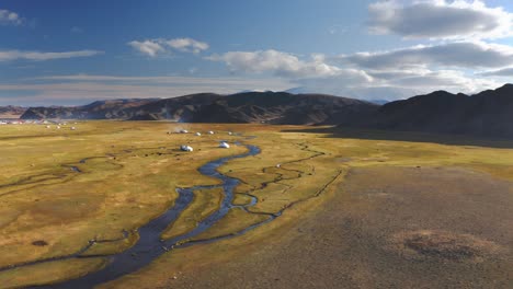 ger tents in mongolian altai mountains steppe, aerial drone arc shot