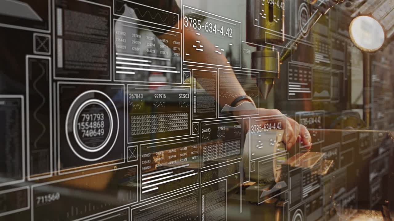 Factory tech picking up block under press activating data overlays and wrapping block for shipment
