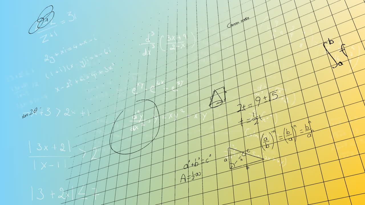파란색과 노란색 그라디언트 배경에 대한 그리드 네트워크를 통해 수학적 방정식의 애니메이션