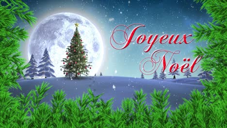 Joyeux-noel-text-and-tree-branches-against-snow-falling-over-christmas-tree-on-winter-landscape