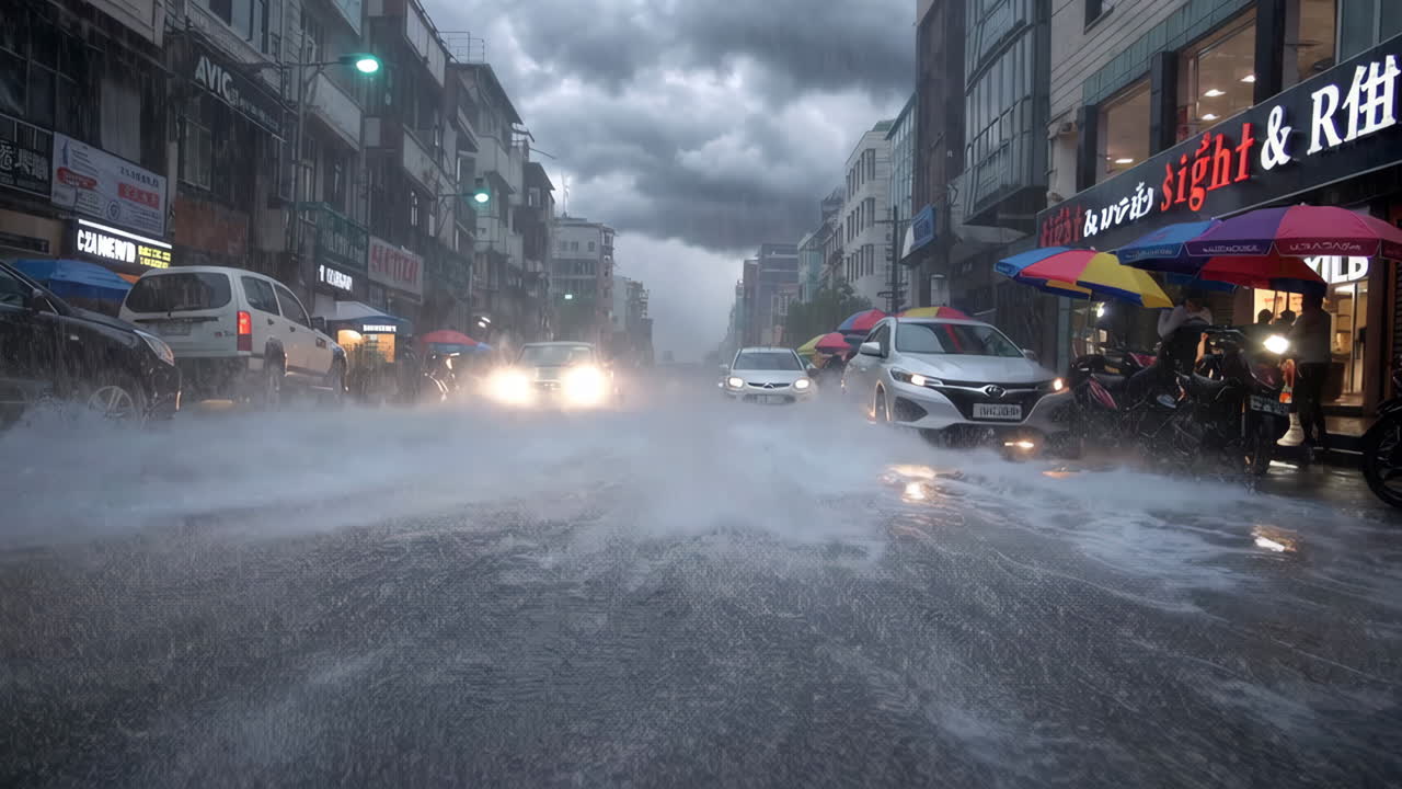 Flooded Street During a Heavy Rainstorm