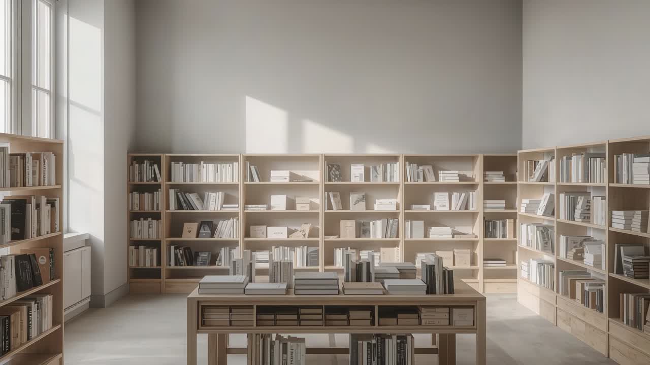 Kameraet beveger seg sakte mot et sentralt trebord i et stille bibliotek, viser stablede bøker.