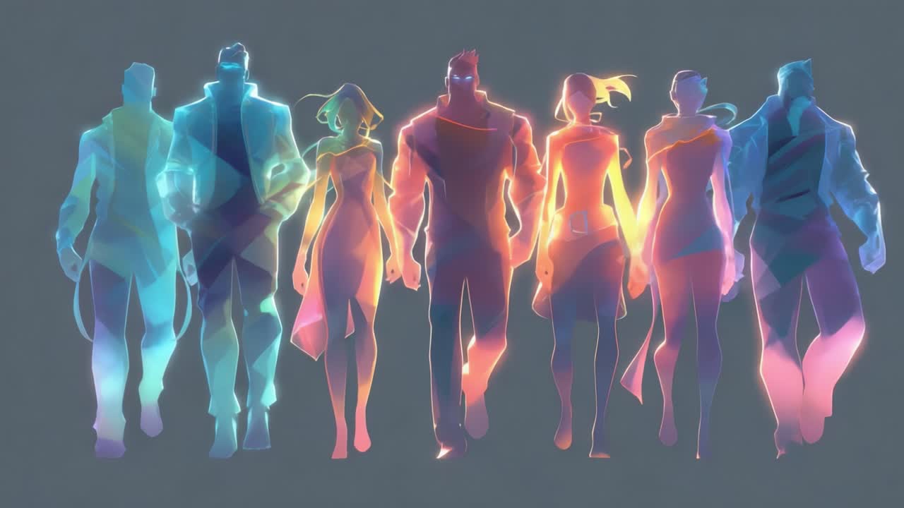 A Dynamic Ensemble of Stylized Figures Emerge, Radiating Vivid Colors and Unique Traits, Showcasing Diversity and Strength within a Unified Team of Characters in a Captivating Artistic Expression