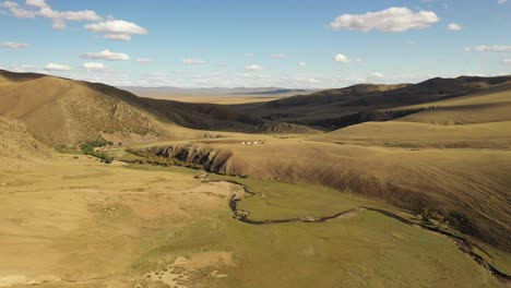 Vista-Aérea-Del-Paisaje-De-Estepa-Mongol-En-ángulo-Salvaje-Con-Yurtas-Y-Río-En-Un-Día-Soleado