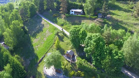 drone-shot-of-motorcycle-driving-on-road-with-trees