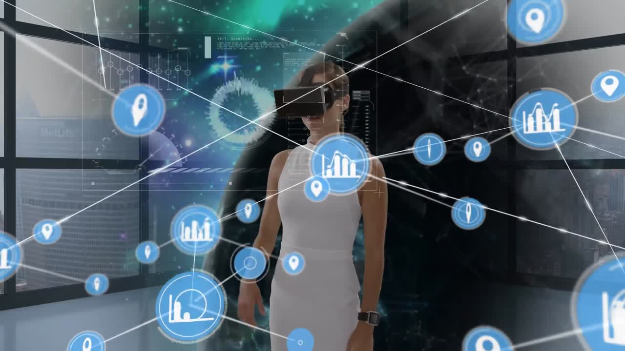 animación de una red de conexiones con iconos sobre una mujer de negocios con auriculares vr