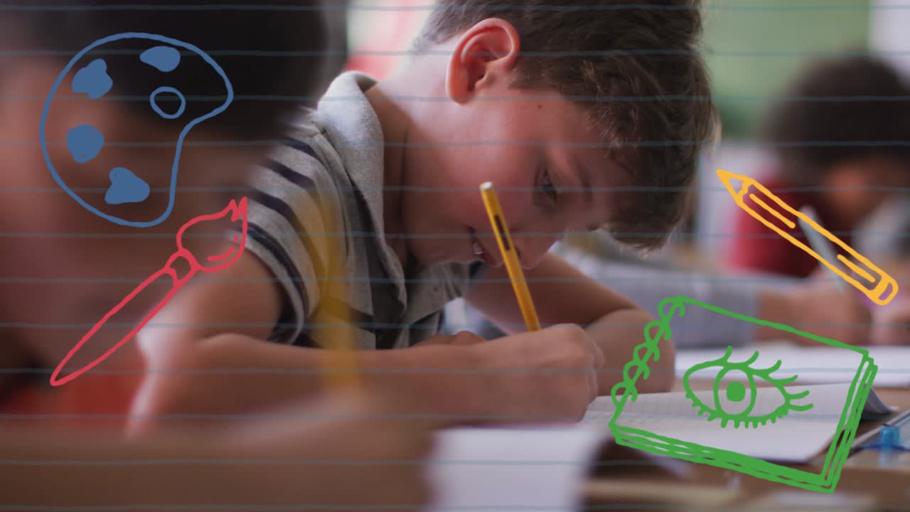 animación de los iconos de los artículos escolares que se mueven sobre los escolares que aprenden